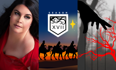 season 17 three kings on camels in desert at night, soprano angela meade at left, a hand with marionette strings reaching for red branch with church in background