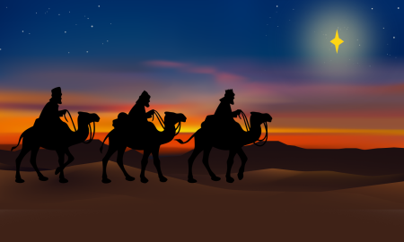 three kings on camels in foreground with star shining in sky and sunset in background
